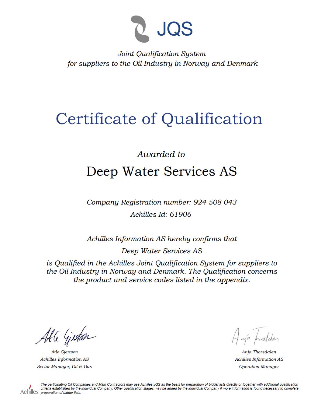 Certificates DEEP WATER SERVICES AS